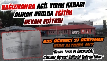 Kağızman'da Acil Yıkım Kararı Alınan Okulda Eğitim Devam Ediyor!